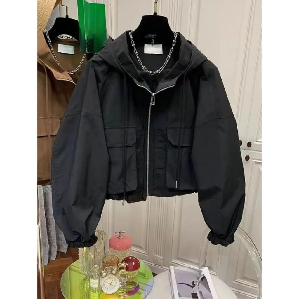 

Women's Loose Harajuku BF Hooded Jacket European Autumn Niche Top with Pockets Short Trendy Cargo Style