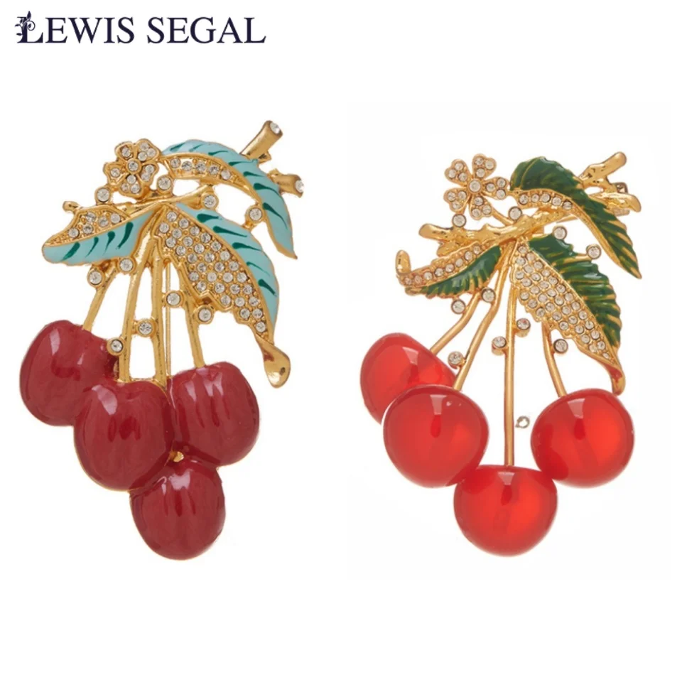 

LEWIS SEGAL Vintage 18K Gold Cherry Brooches For Women Enamel Rhinestone Red Fruits Casual Party Office Brooch Pin Gifts