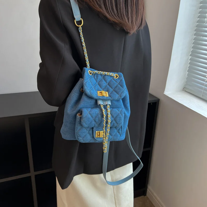 Simple Women\'s Denim Backpack Fashionable and Versatile Lingge Small Backpack Casual Travel Tote Bag Chain Decoration Denim Mate