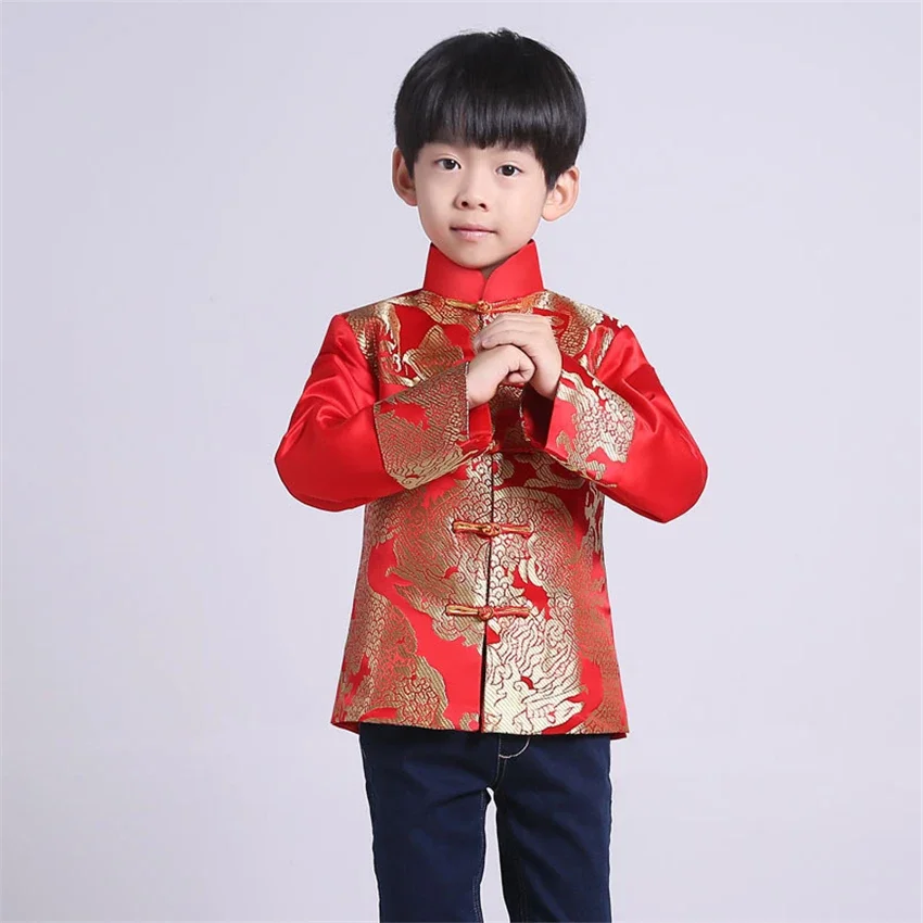 Tang Suit Red Traditional Chinese Clothing for Men Kids Boy Hanfu Top Dragon Print Vintage Satin Kungfu Chinese Party Stage