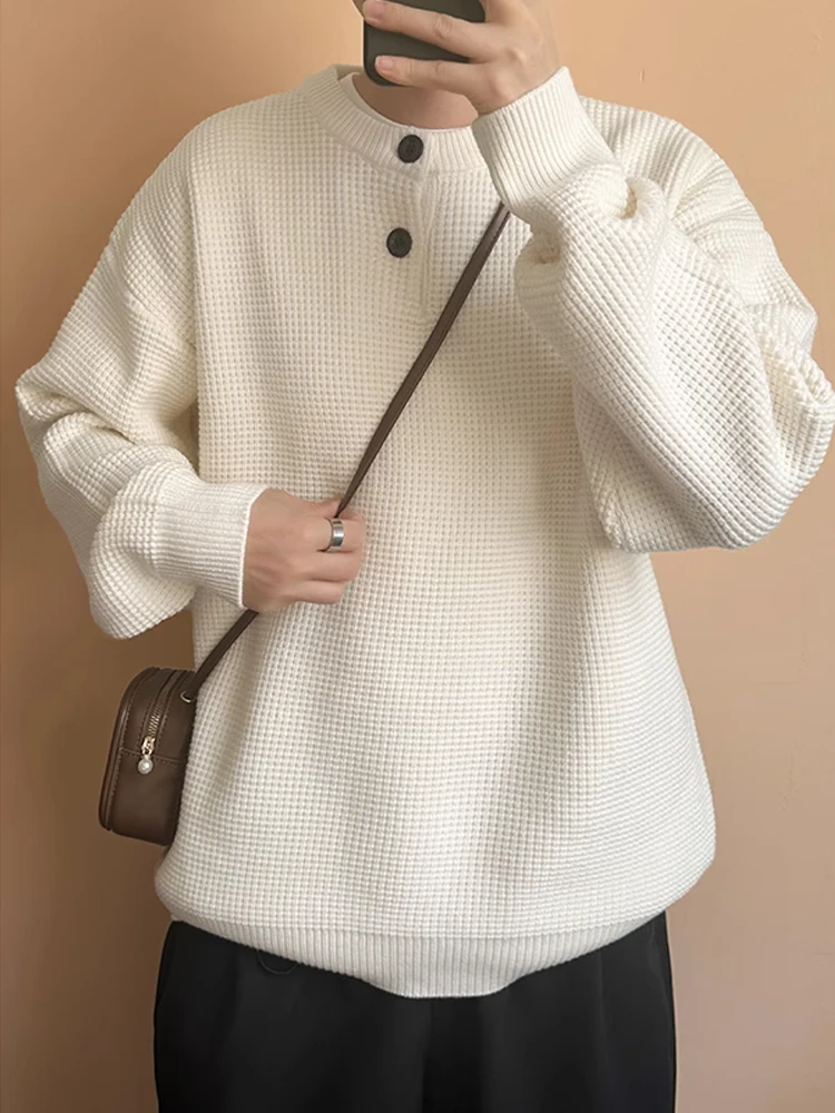 

Мужской однотонный вязаный свитер на зиму, свободный повседневный лонгслив с круглым вырезом, базовый топ в корейском стиле для ношения под одеждой