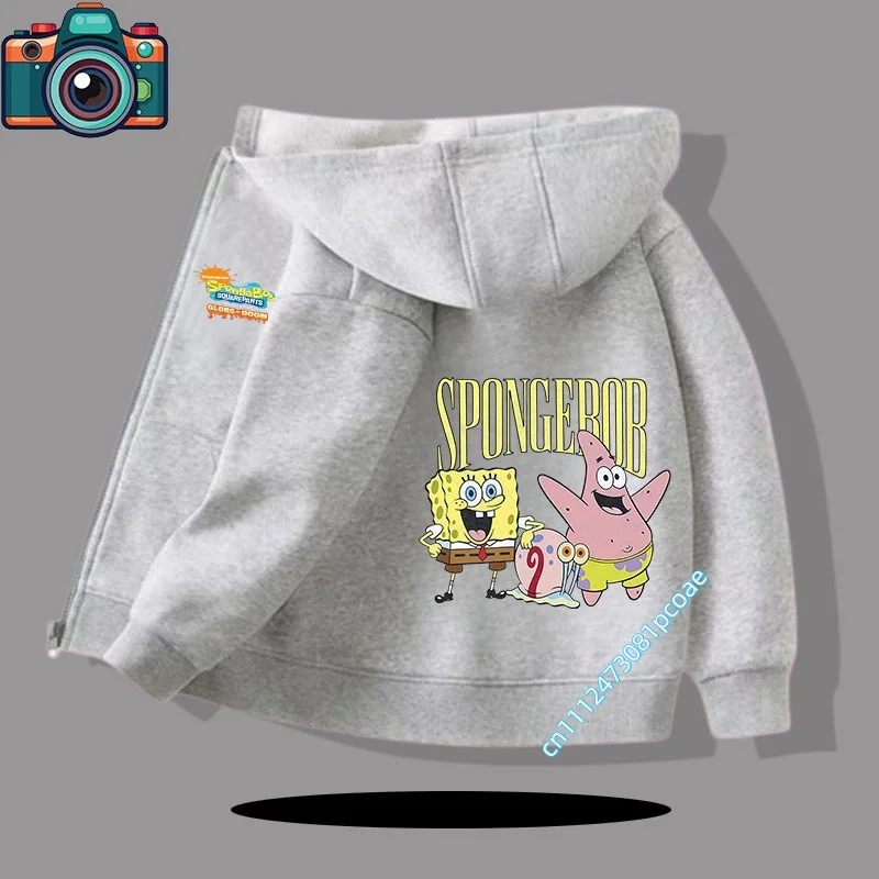 2026  Boys' sport shirt Girls' casual top Cartoon print zipper style coat Children's hooded sweatshirt SpongeBob SquarePants