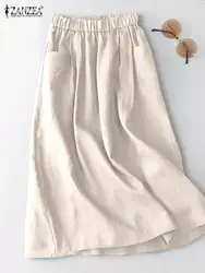 ZANZEA Women A Line Cotton Skirt Elastic Waist Midi Skirt Solid 2024 Summer Korean Side Pockets Falda Saias Casual Holiday Jupe
