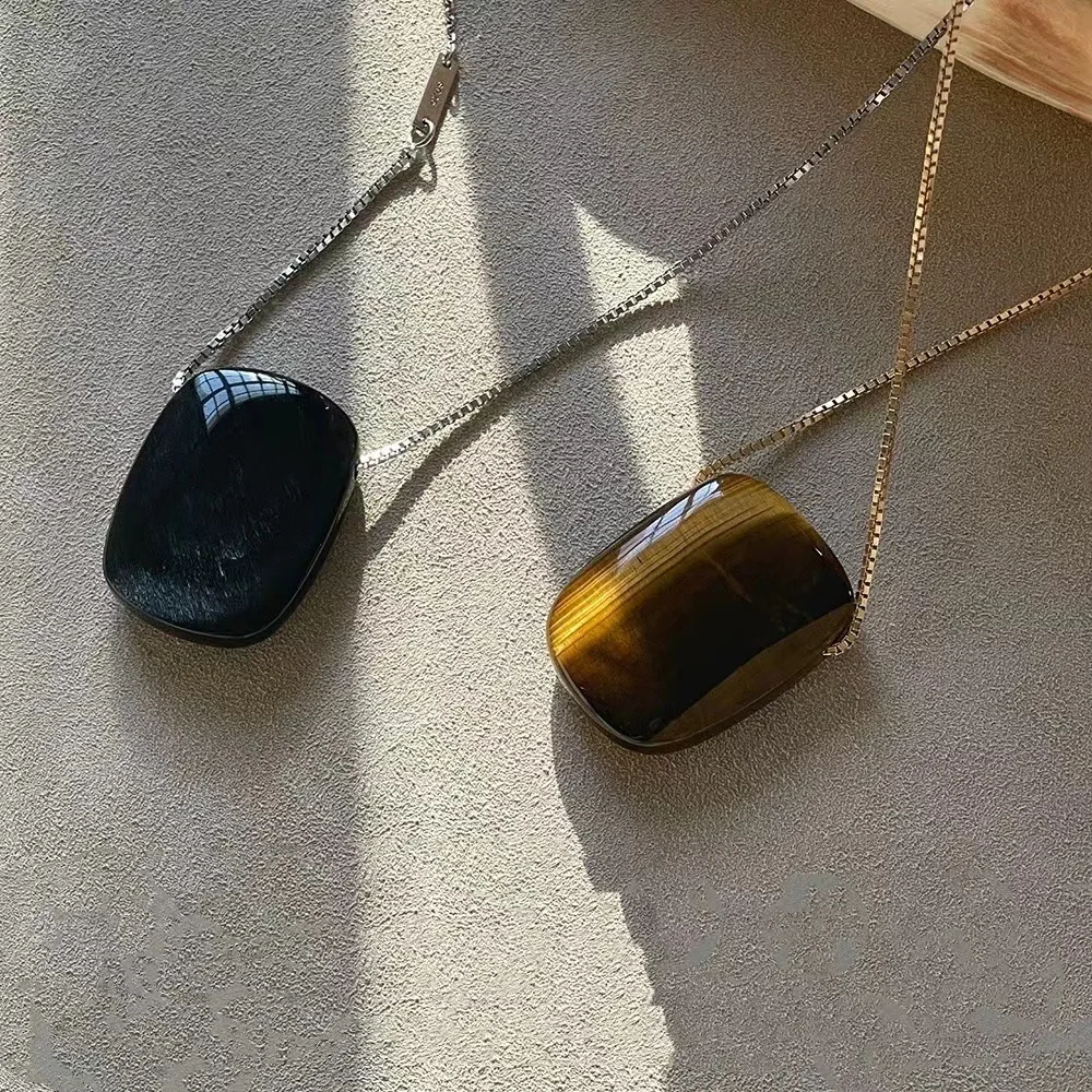 

New natural tiger eye stone sobsidian pendant necklace niche design high-grade sense of light luxury sweater chain M039