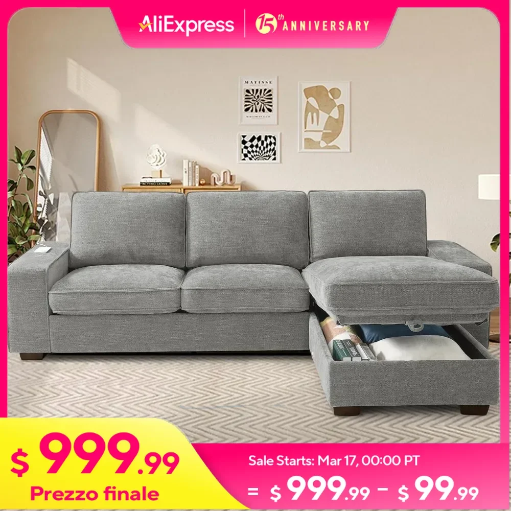 99” L-Shape Convertible Sectional Couches Sofas with 190L Storage Chaise Sofas with Removable Cushion and Detachable Cover