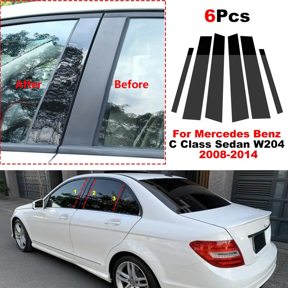 6x parlak siyah karbon Fiber ayna Effec pencere kapı sütun B C Pillar sonrası PC kapak Trim Mercedes Benz C sınıfı Sedan W204 için
