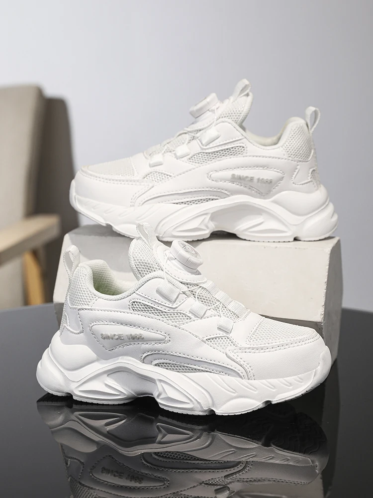 Slip-on rotating buckle! Kids' mesh black dad shoes, breathable and stuffy-free, non-slip white sports shoes for boys and girls