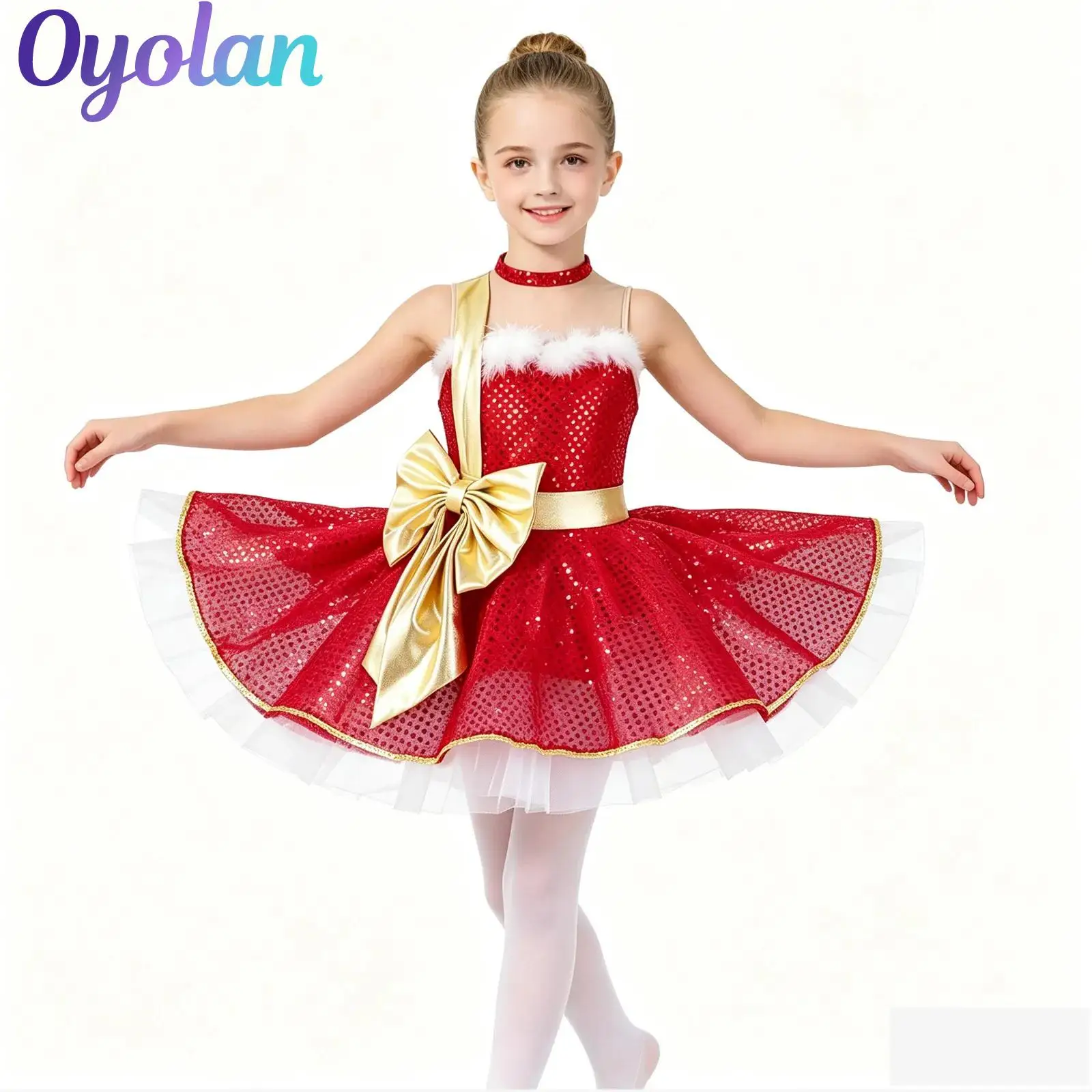 Girls Christmas Xmas Elf Candy Cane Mrs Santa Claus Cosplay Costume Sequins Gymnastics Skating Ballet Dance Leotard Dress