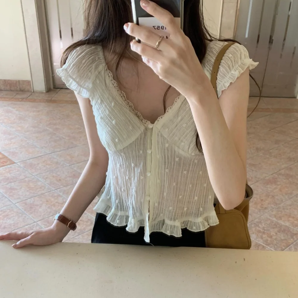 

Dongda Gate Lace Collar Button Embroidered Slim Short Sleeve Shirt Korean Style Spring Autumn Winter Casual Women's Top