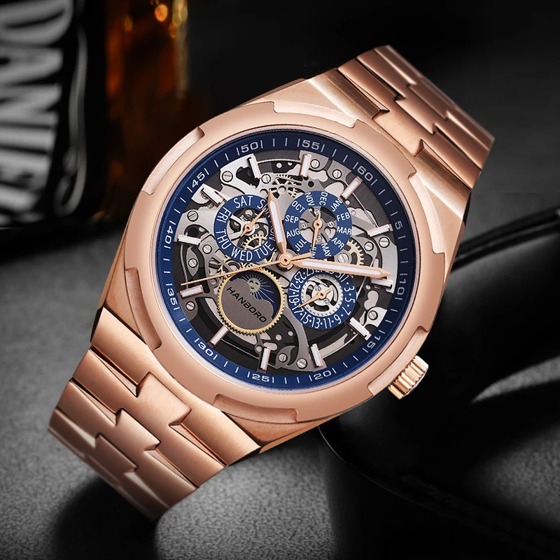 HANBORO New Men Automatic Watch Luxury Mechanical Wristwatch Multifunctional Moon Phase Steel Strap Business Casual Man watches