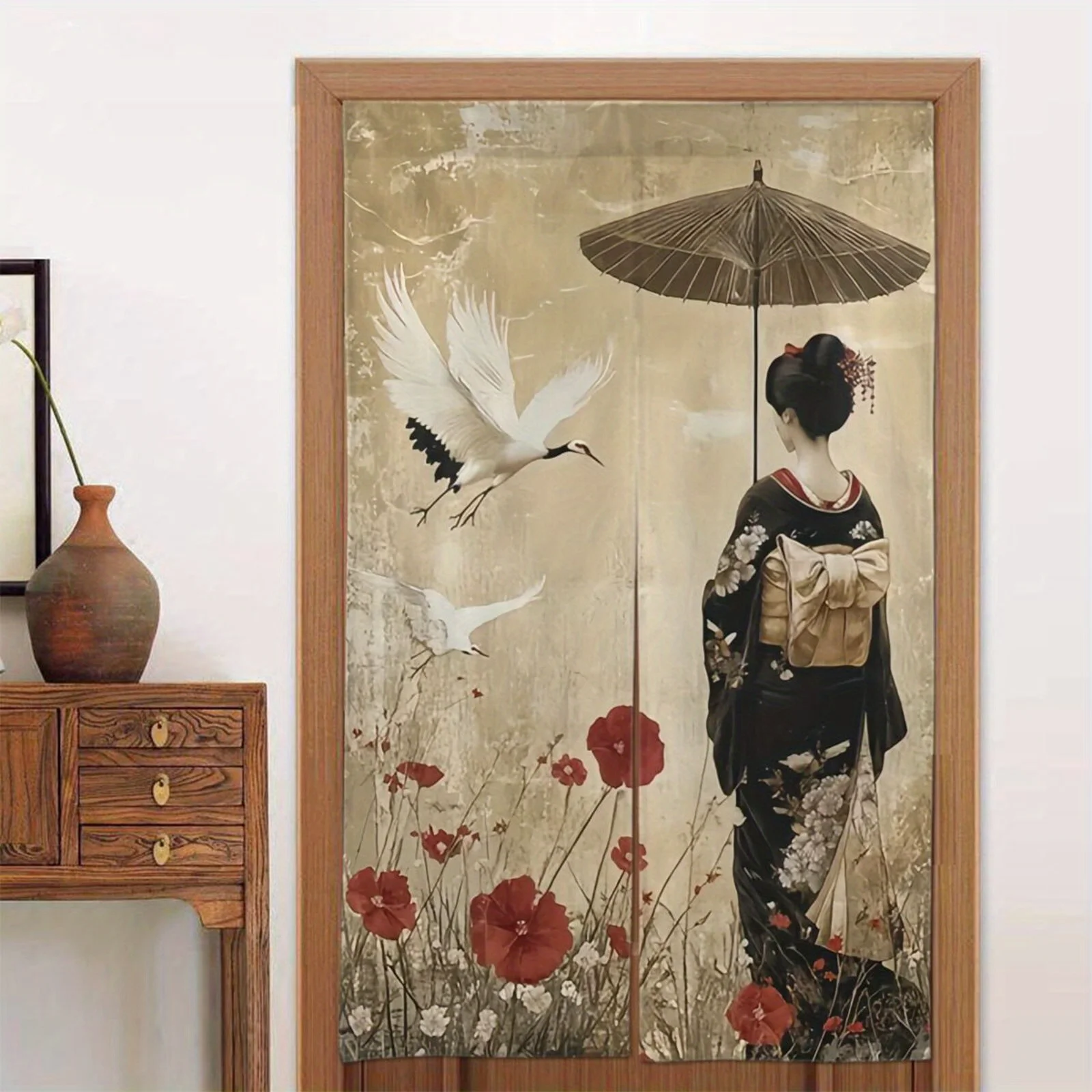 Japanese Noren Curtain White Cranes Kimono Woman Umbrella Blackout Room Divider for Entrance Hallway Bathroom Stairs Decor