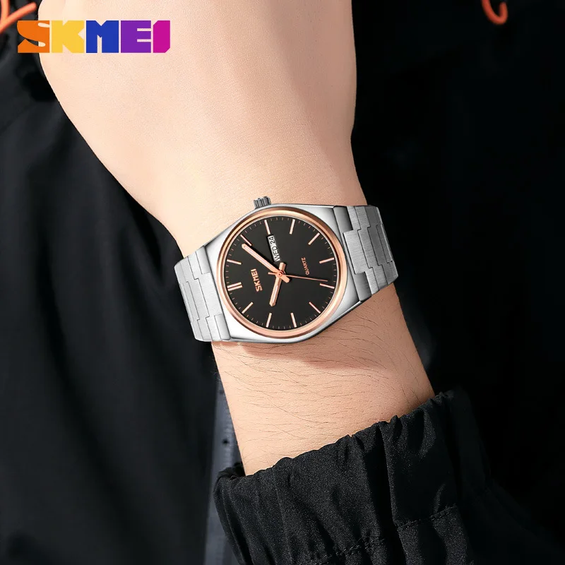 Skmei Skmei-Montre à Quartz en Acier Inoxydable pour Homme, Fine, Double Calendrier, Monochromatique, Business, Mode Décontractée