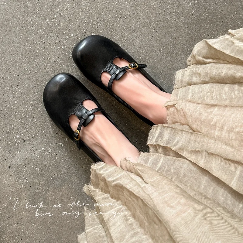 2026 new spring autumn women pumps natural leather 22-25cm washed cowhide+pigskin+sheepskin t-buckle mary janes women shoes