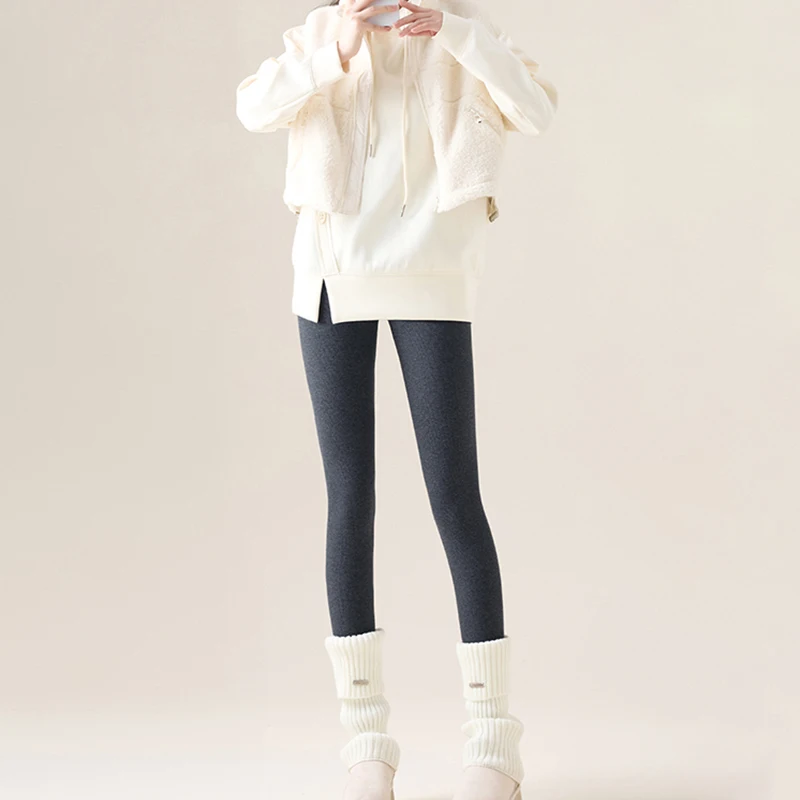 Leggings de invierno gruesos de lana de 600g para mujer, mallas cálidas grises adelgazantes de cintura alta, mallas térmicas ajustadas elásticas para mujer
