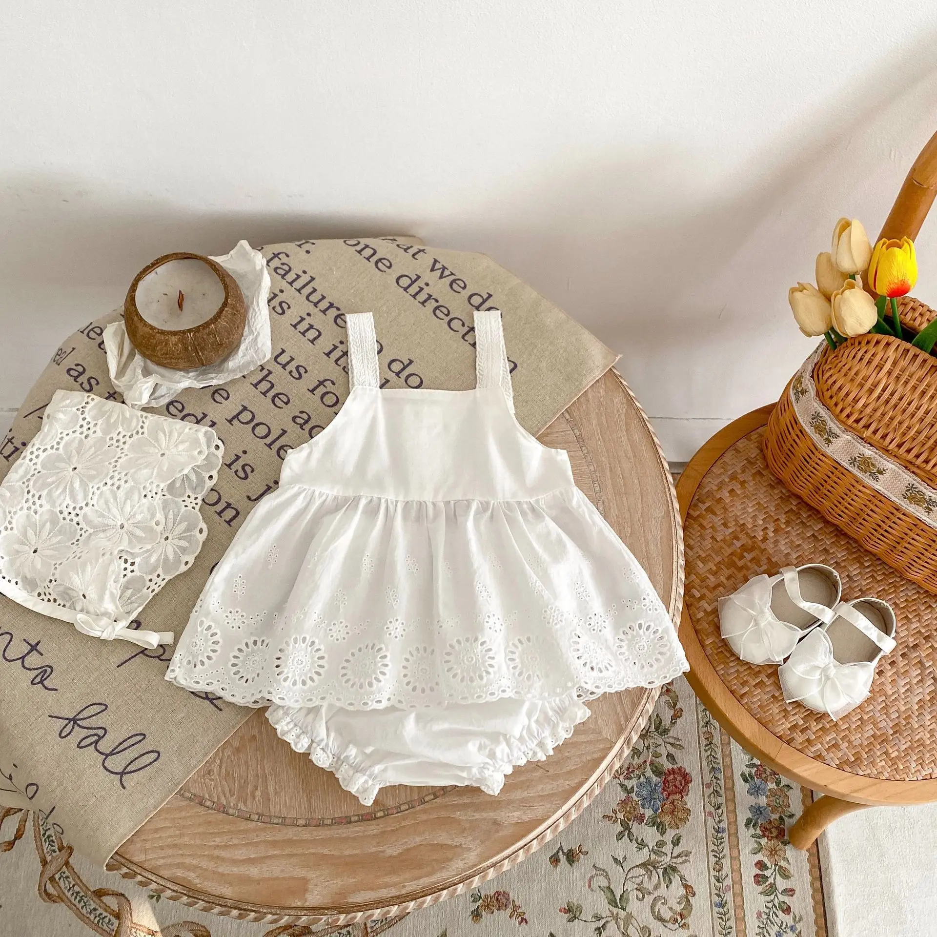 

Summer 2024 Infant Baby Girls 2PCS Clothes Set Cotton Lace Solid Slip Tops Thin Ruched Shorts Suit Toddler Girls Outfits