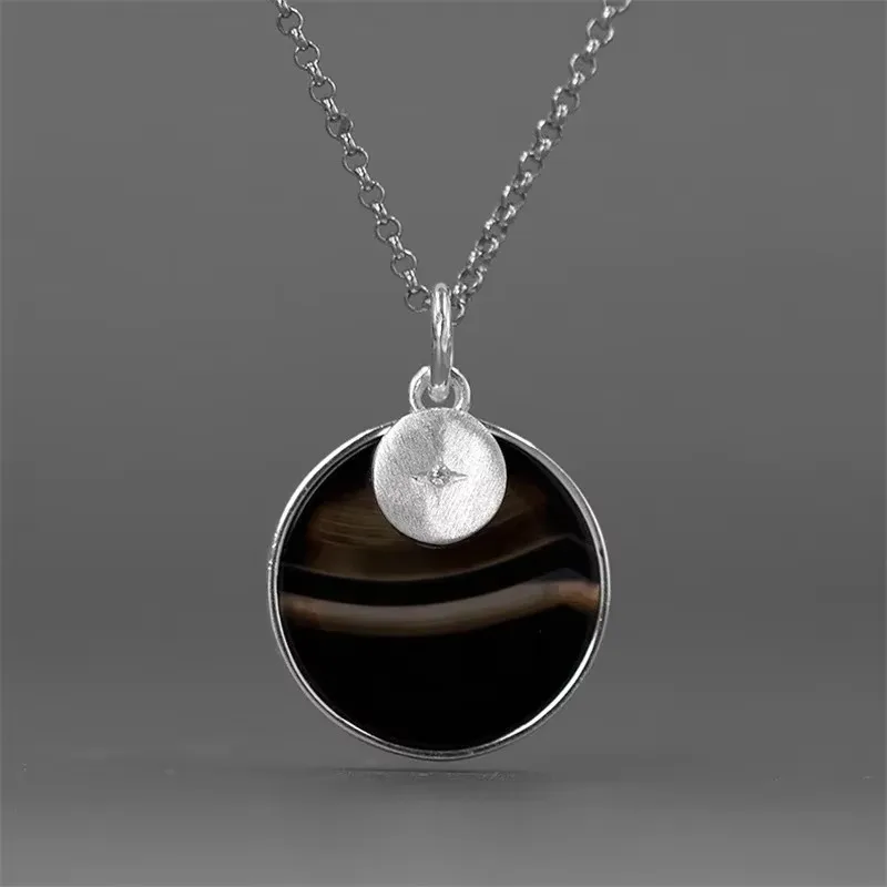 

Fashion Simple 925 Sterling Silver Round Shape Pendant Natural Agate Stone Necklace Jewelry Gift for Women