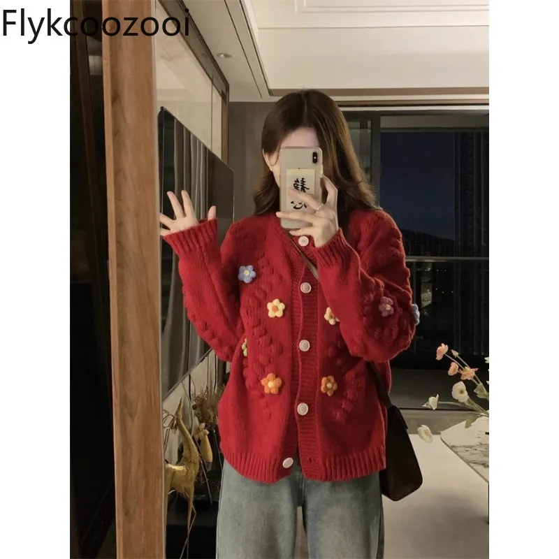 

Women's Cardigan Red O-Neck Single Breasted Colour Three-Dimensional Flower Casual Sweet Long Sleeve Knitted Coat Ladies Clothes