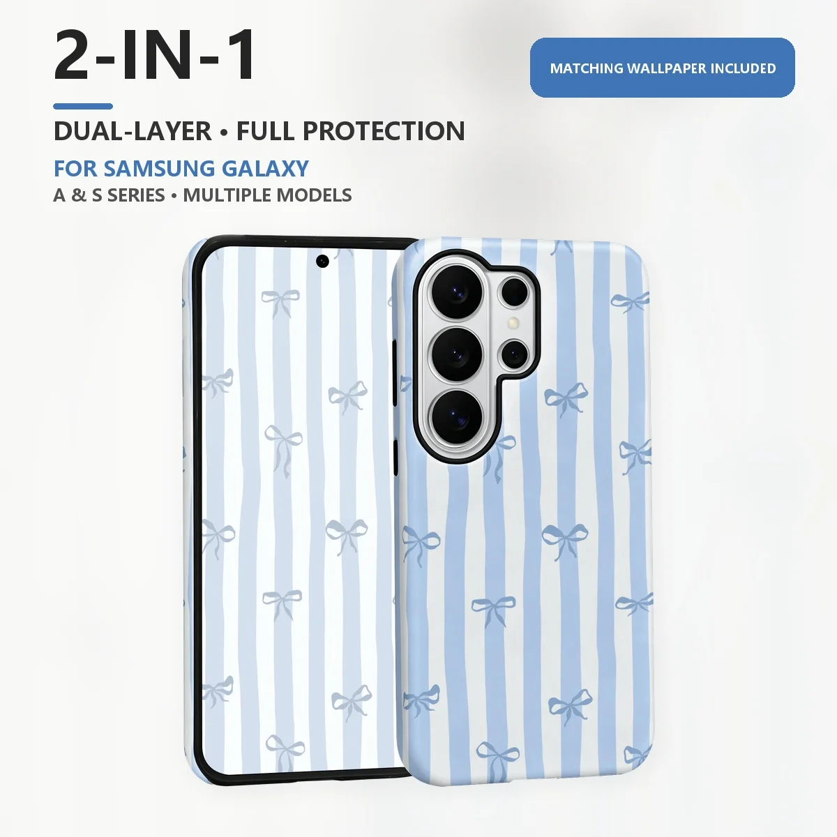 Blue Bow Vertical Stripes 2-in-1 Dual-Layer Phone Case for Samsung Galaxy S26 S25 S24 Plus Ultra FE S20 FE A56 A17 A16 A15