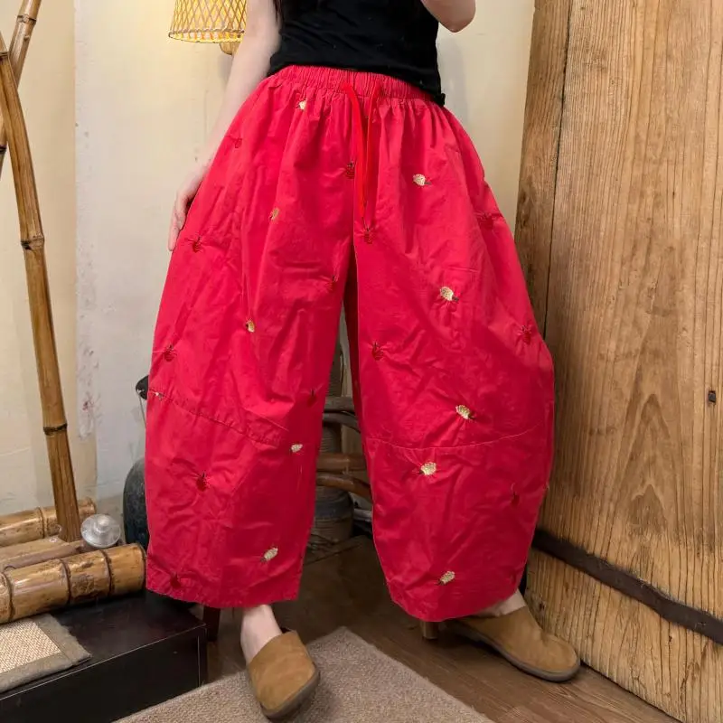 New Summer Arts Style Women Elastic Waist Cotton Wide Leg Pants Fruit Embroidery Loose Casual Ankle-length Pants Good Quality