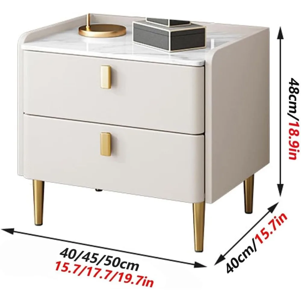 منضدة حديثة من منتصف القرن مع سطح حجري أبيض ومقابض معدنية، وطاولة بجانب السرير بدرجين #3