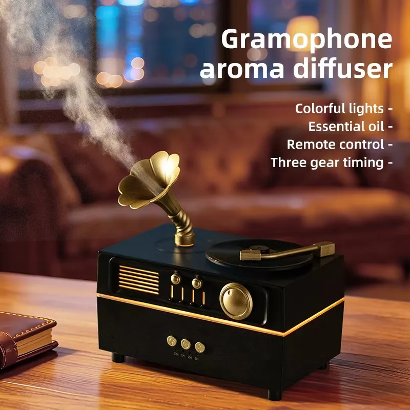 New Model Rotating Retro Gramophone Aroma Diffuser Gramophone Ultrasonic Humidifier Aroma Disperser Built-in Bluetooth Speakers