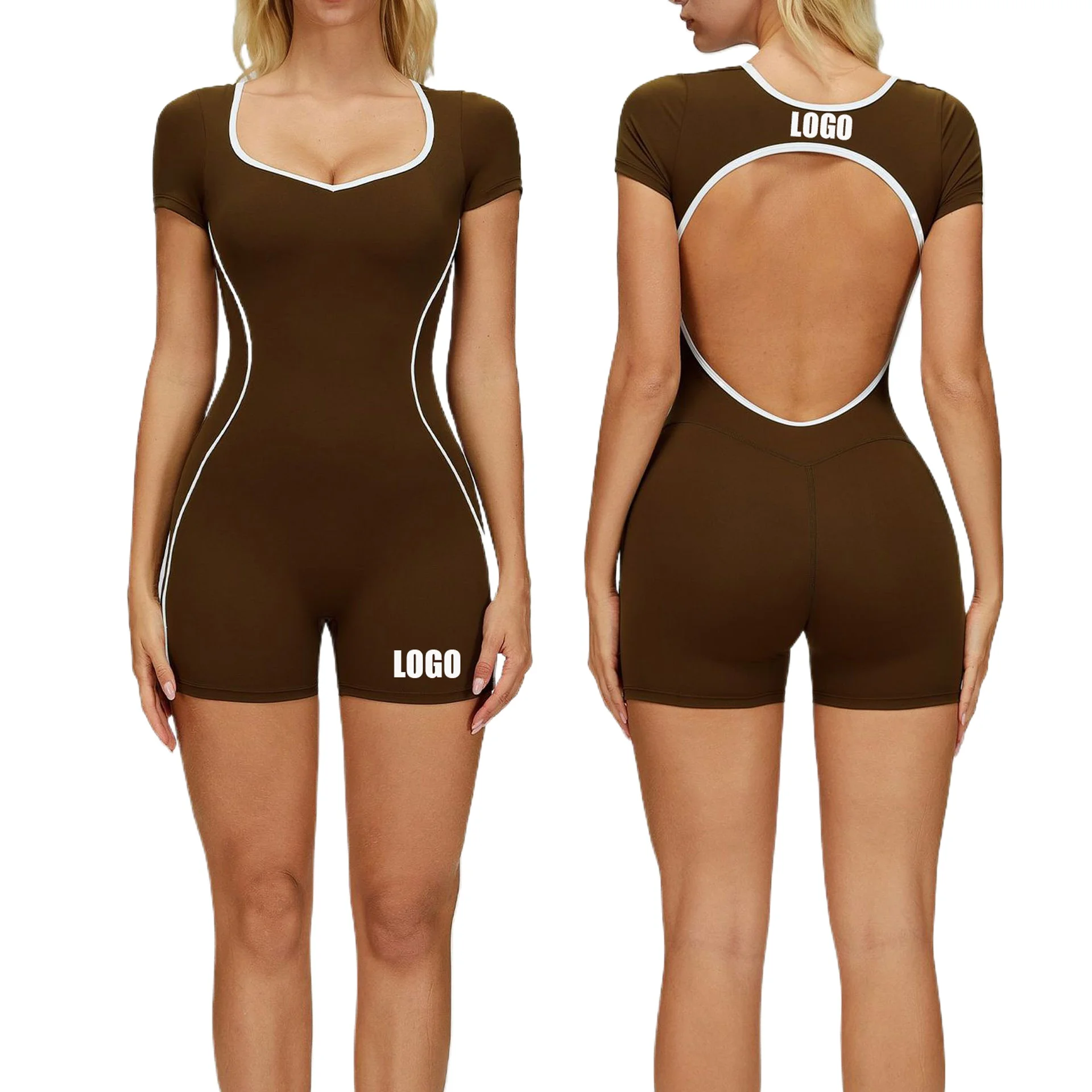 

Custom LOGO women's contrasting color nude onesie hollow back tight sports fitness clothes running exercise yoga clothes