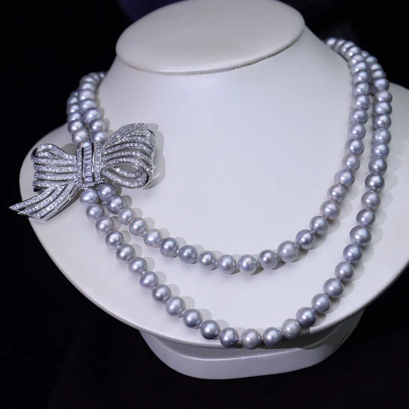 

Grey double pearl bow necklace natural 8-9mm Pearl classic sweater chain S925 Princess gift 080812