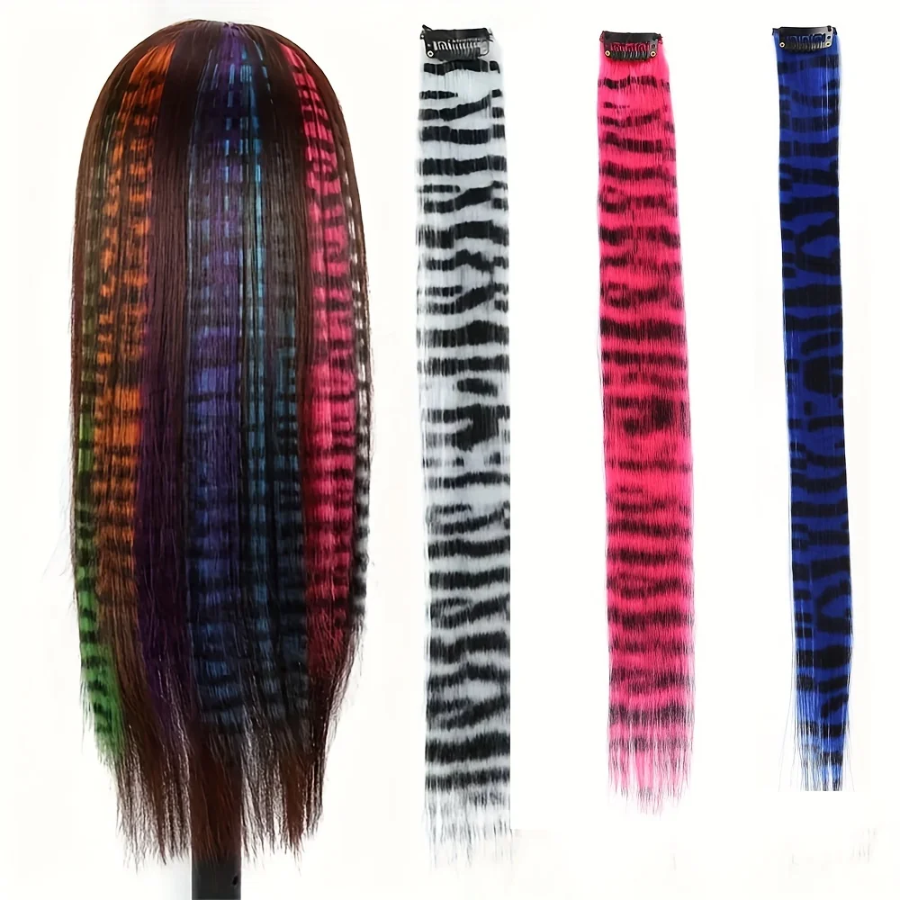 Long Hetero extensões de cabelo sintéticas, Y2K, colorido, Leopard Print, One Piece Clip-In Hairpieces, Cosplay Acessório de Cabelo, 1Pc