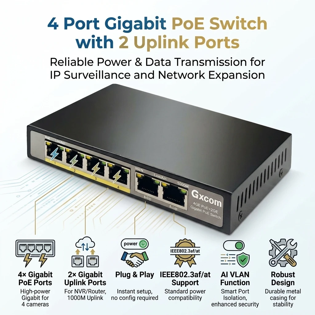 4 Port Gigabit PoE Switch Unmanaged with Dual Uplink Ports for Office & CCTV Networks Supporting PoE IP