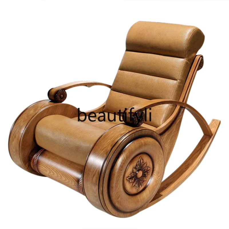 

Solid wood rocking chair American European recliner hand-carved leisure first layer cowhide siesta sofa chair
