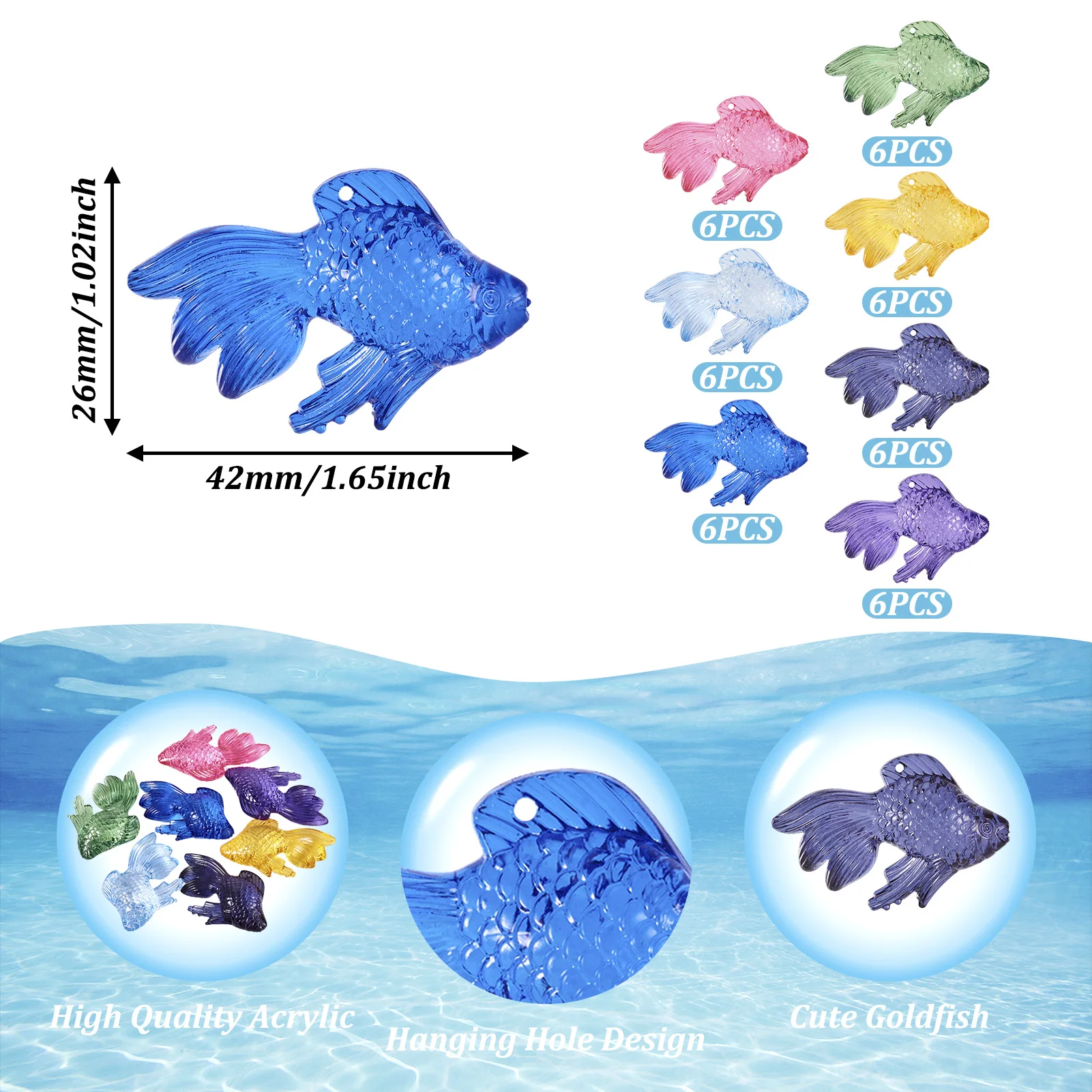 42Pcs acrilico 3D Goldfish Charms ciondoli pesce colore misto per simpatici orecchini pendenti collana gioielli che fanno risultati 26x42mm