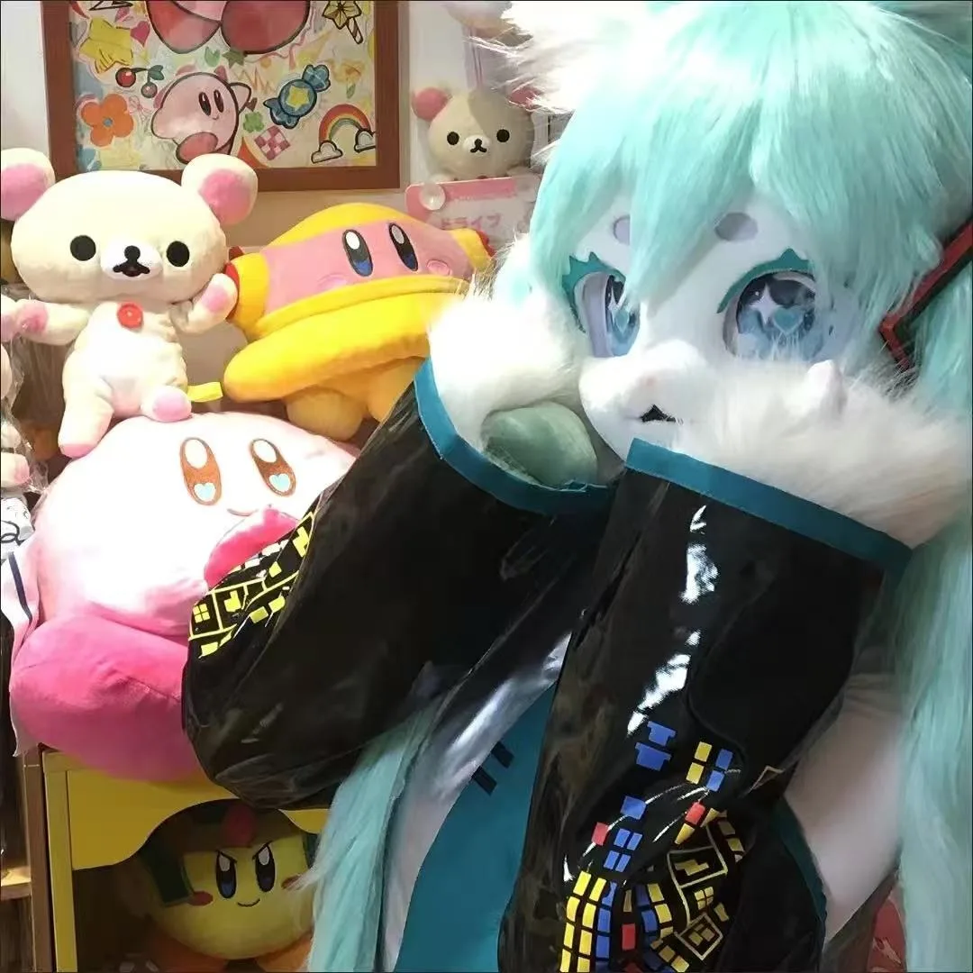 Máscara peluda de Cosplay de Miku, disfraz de cabeza de Kigurumi, máscara de cabeza de Kig de gato, auriculares, disfraz de Animal para fiesta, accesorio de actuación, regalo para niños