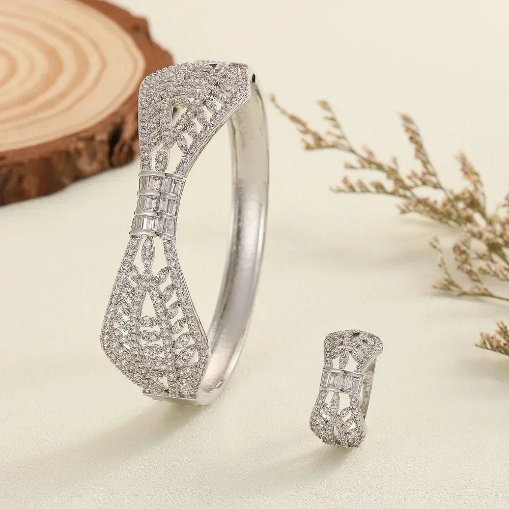 سلسلة بنمط مجوف مزين بالمايكرو للنساء ، سوار وخاتم ، على الطراز الشرقي الأوسط ، كوري ، طقم 2. #5