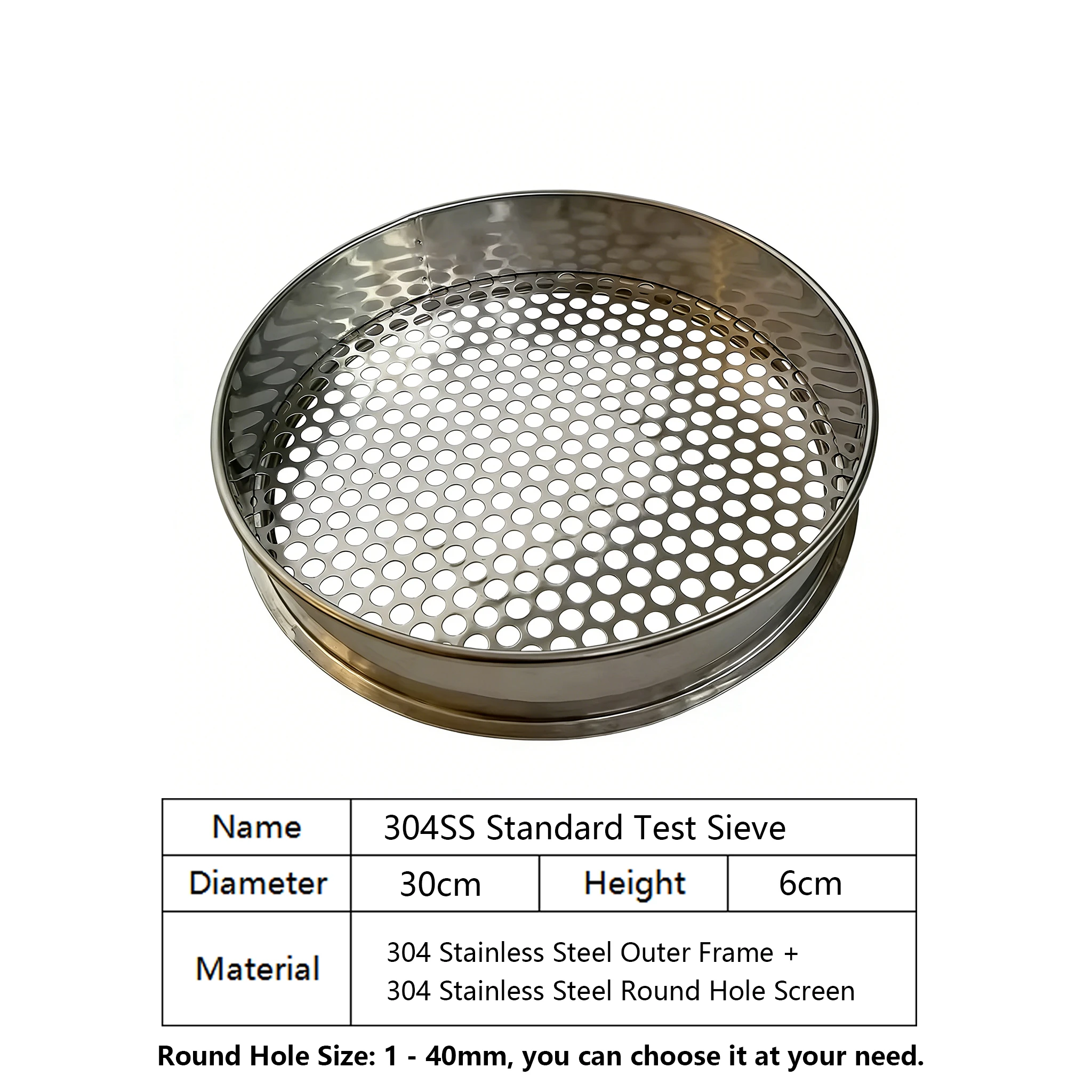 Dia 30cm 304SS Standard Lab Test Sieve Round Hole Perforated Filter Strainer