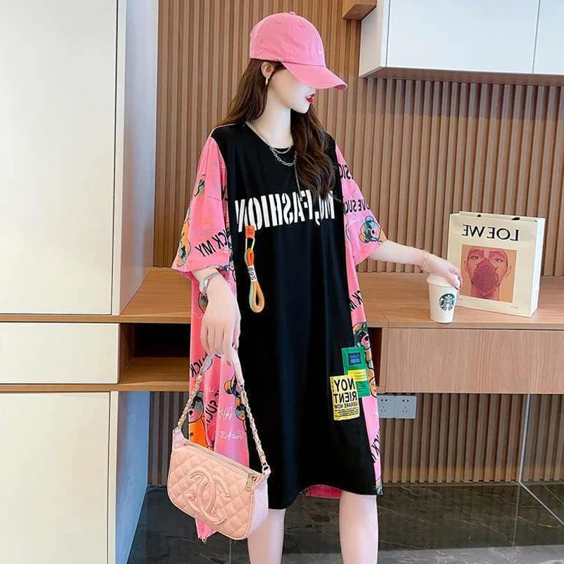 Summer New Letter Printing T Shirt Tops Short Sleeve Round Neck Loose Irregular Patchwork Pullovers Fashion Casual Women Clothes