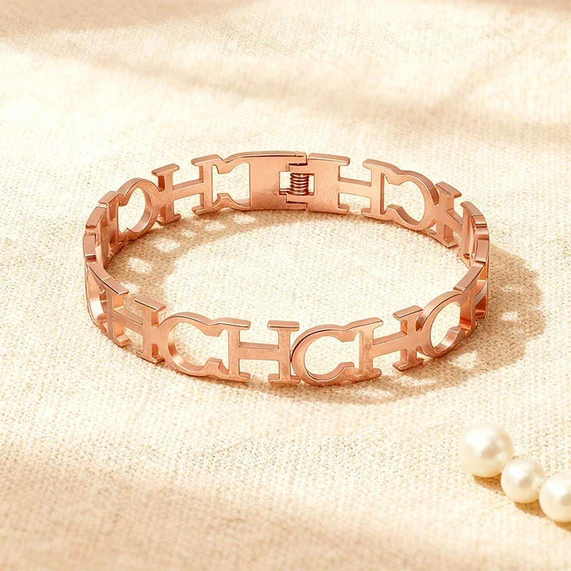 CH H Letter Open Cuff Bracelet Geometric Shape Spring Closure Gold Rose Gold Plated Alloy Delicate Daily Jewelry For Ladies