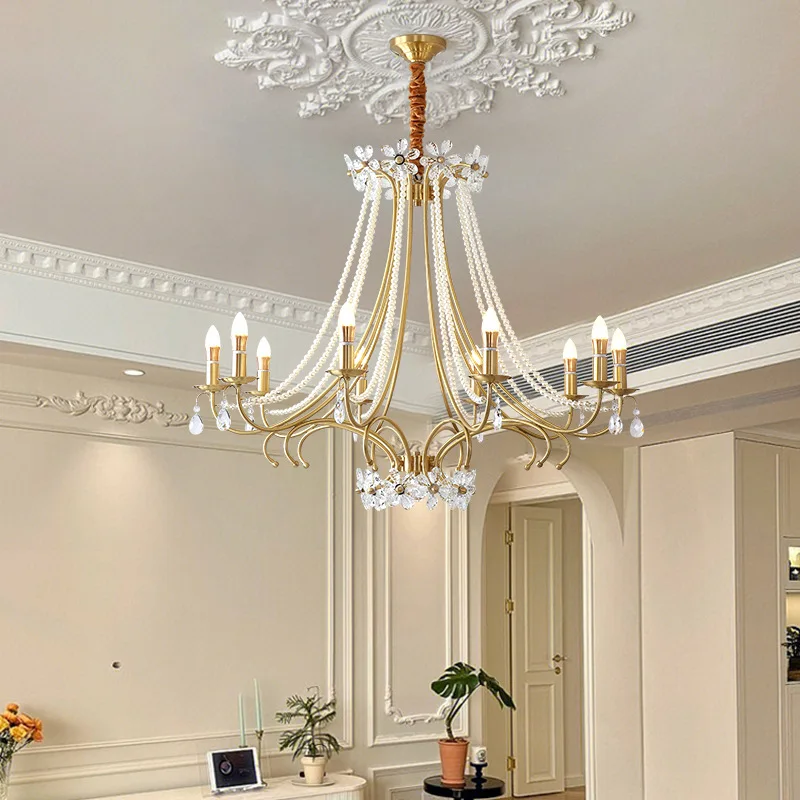 

All copper French light luxury crystal living room chandelier simple European and American atmosphere dining room light