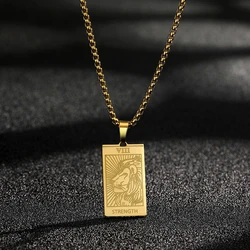 Kinitial Stainless Steel Strength Lion Tarot Card Pendant Necklace For Women Men Punk Amulet Jewelry Choker Husband Gift