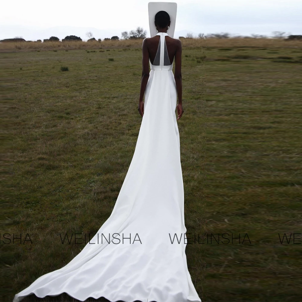 Simple Hall Wedding Dresses Crepe Fabric Sheath/Column Wedding Party Dress White Halter Watteau Train Modern Wedding Dress Long