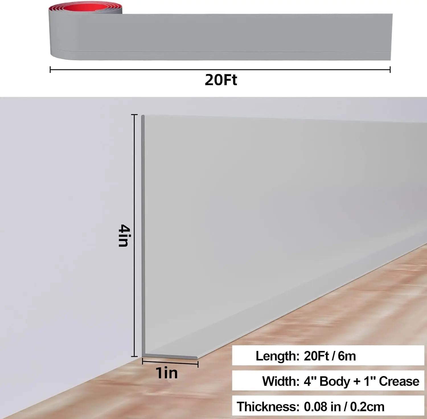 Peel and Stick Baseboard Molding Trim 5 Inches X 20 Feet Self-Adhesive Vinyl Wall Base Rubber Cove Flooring Base Outside Corner