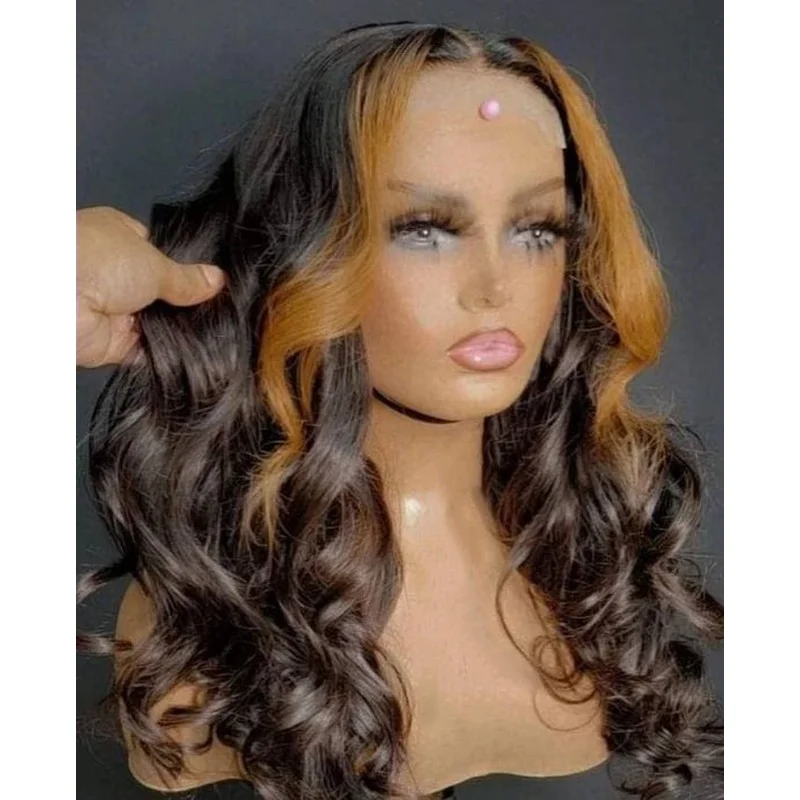Highlight Ombre 13×4 Lace Front Wig Human Hair Brown Blonde Curly Wave Wig Remy