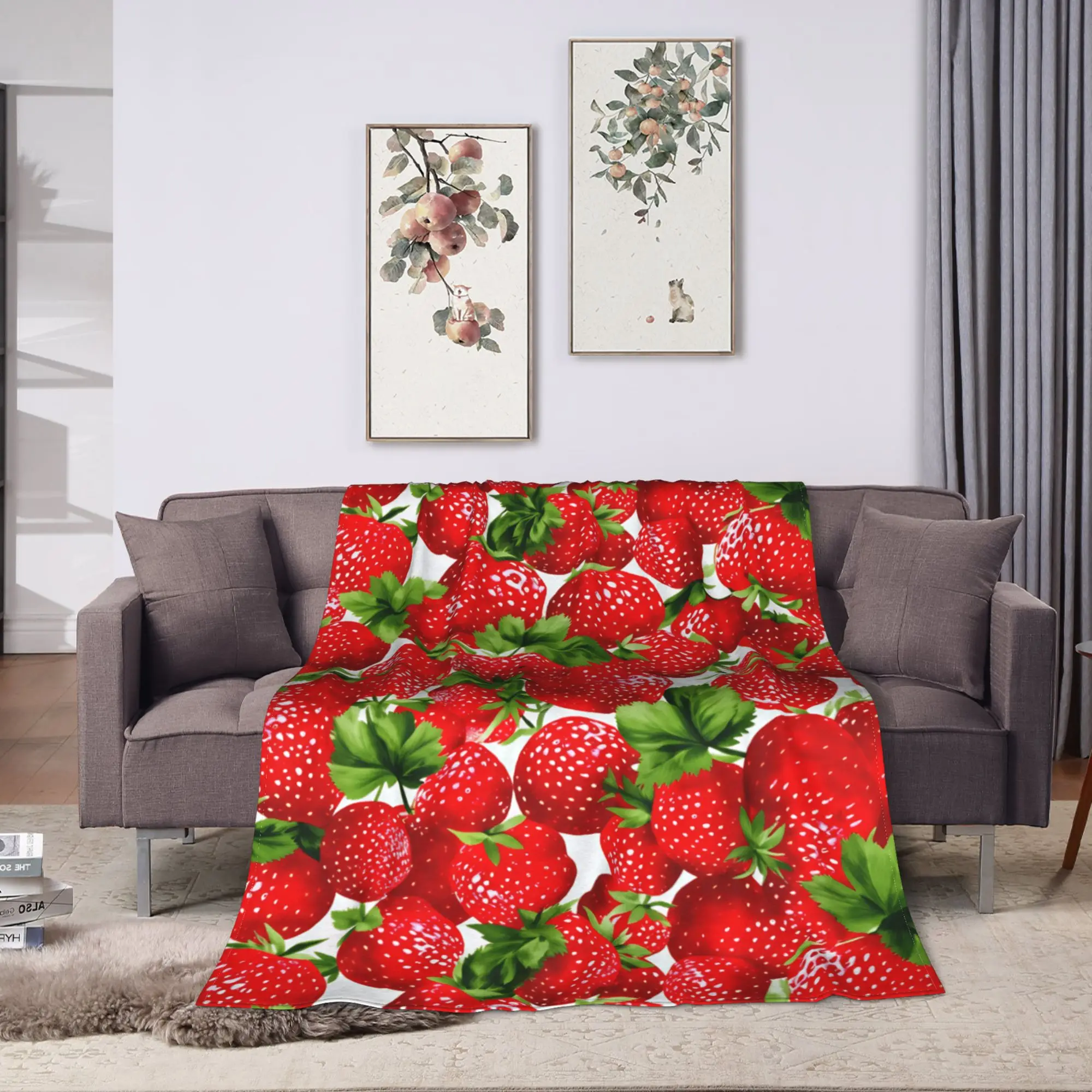 Bright Red Strawberry Leaf Seamless Pattern Blanket Winter  Warm Comfy Throw Blanket For Girls Bedroom Bedspread Bed Cover