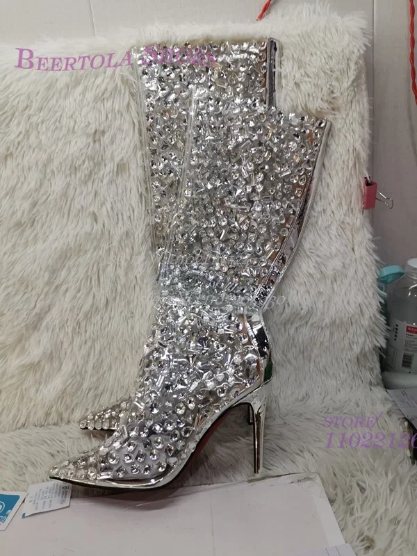 Big Silver Crystal Stone Boots Knee Women Pvc Hot Chick Club Diamond Glitterati Zip Stiletto Pointed Heel Calf Booties Sexy Shoe