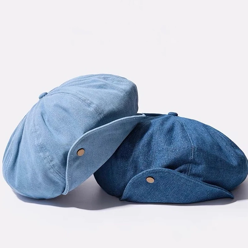 Vintage Denim Baskenmützen Kappen für Frauen 2023 Herbst Winter Hut große künstlerische Stil Pilz Hut verstellbare Wolke Hut Marine Baskenmütze