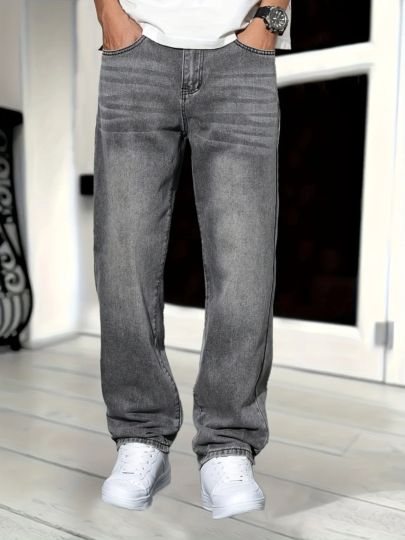 Men'S Fashion Denim Jeans, Classic Straight-Leg, Solid Color, Non-Stretch, Regular Length, Washed Out, All-Season, Adult Fit