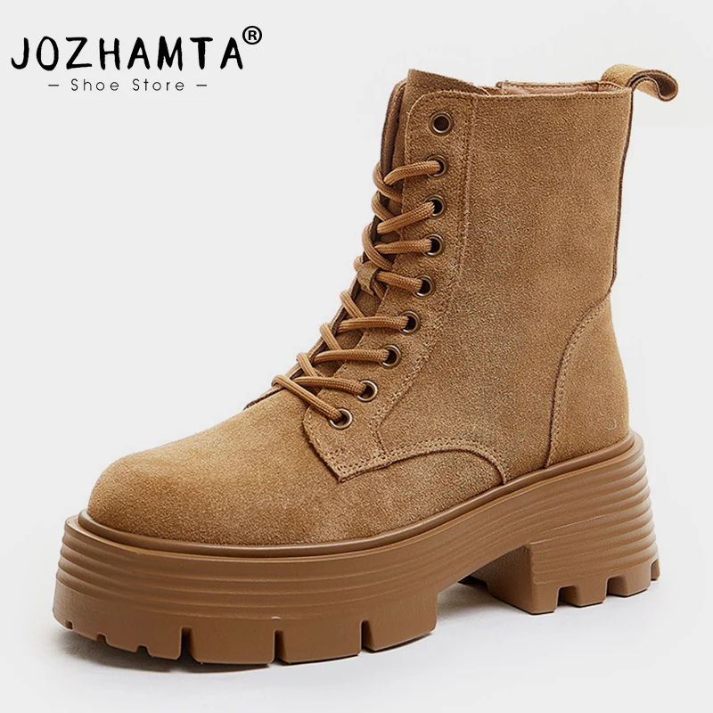 JOZHAMTA Size 34-41 Women Ankle Boots Suede Thick High Heels Winter Shoes For Women Lace-Up 2025 Fashion Zipper Platform Boots