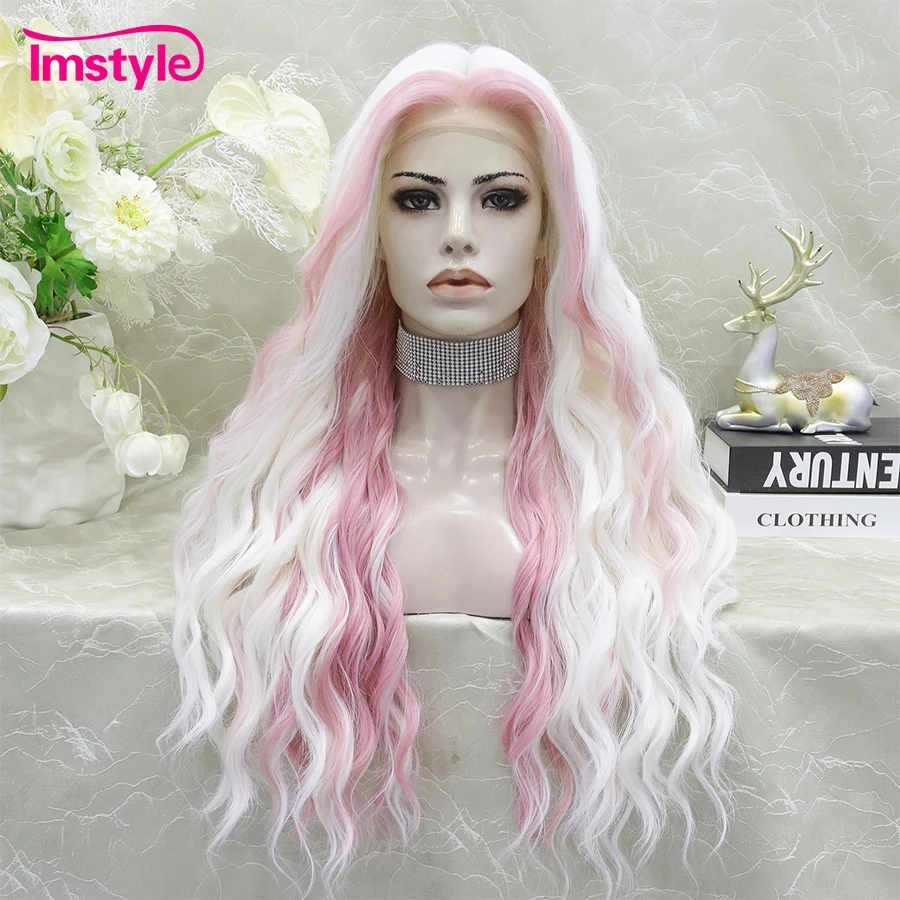 Imstyle White Wig Pink Highlight Synthetic Lace Front Wig Deep Wave Long Wigs For Women Heat Resistant Fiber Cosplay Wig