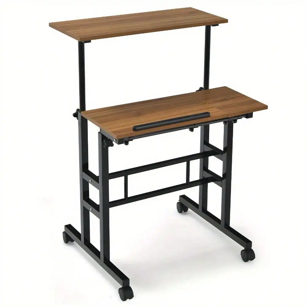 Mobile Stand up Desk Tilting Workstation Adjustable Computer Desk Walnut