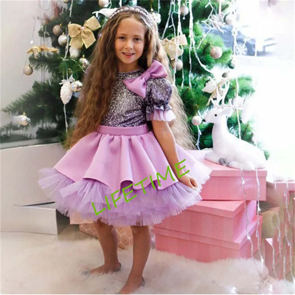 Purple Satin Tulle Puffy Baby Girl Birthday Party Gowns Big Bow Short Sleeve Flower Girl Dress Princess Christmas New Year Gown