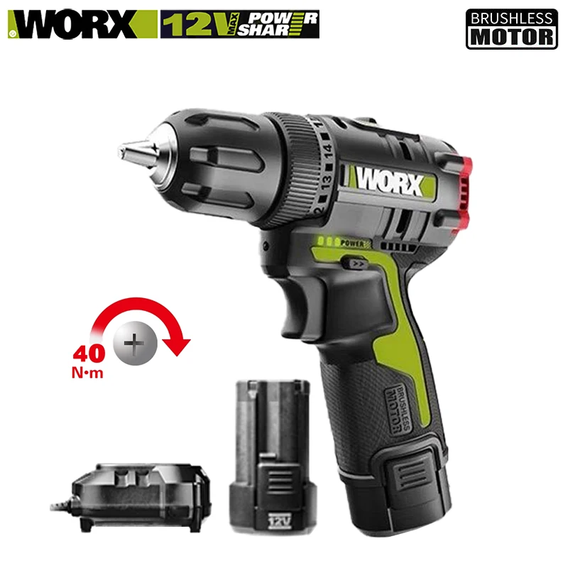 Worx WU130X Cordless Drill Brushless 40Nm 1800rpm Bare Tool or With One-or-Two Batteries and 1 Charger Univeral 12v Platform